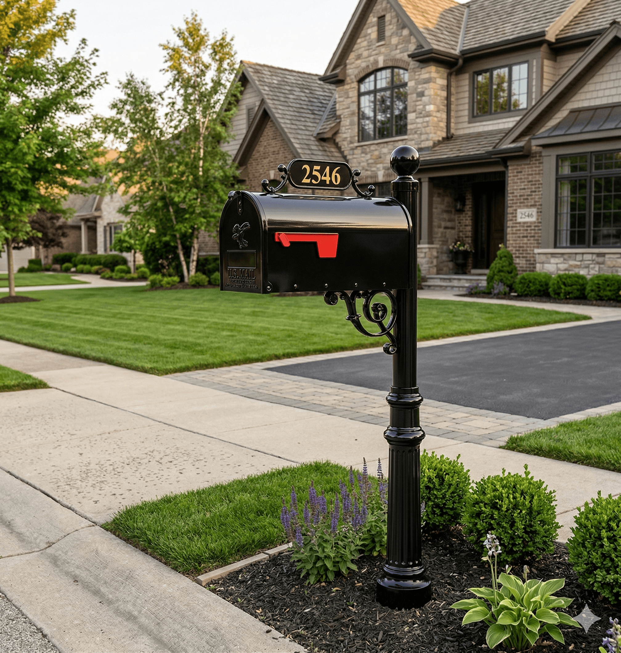Estate mailbox installed at a premium home — black powder coat with brass address numbers